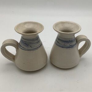 Handcrafted Pottery Candlestick Holders with Blue Stripes and Handles